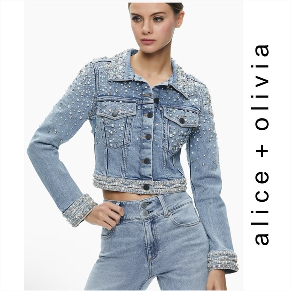 New! Alice & Olivia Nelson Crystal & Pearl Embellished Denim Jacket - Picture 2 of 12